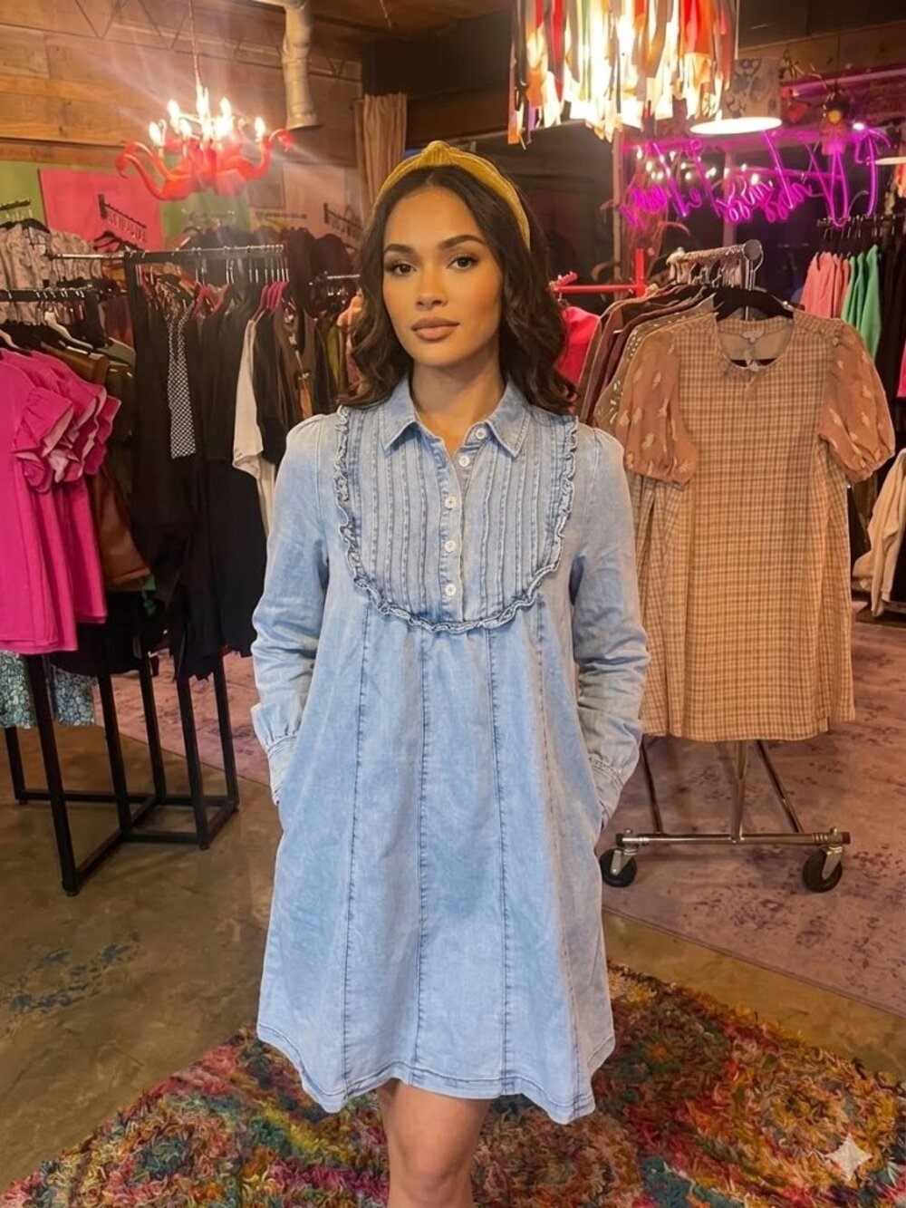MAZIK Light Wash Long Sleeve Denim Mini Dress